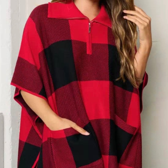 Red & Black plaid Poncho Sweater - Picture 2 of 4